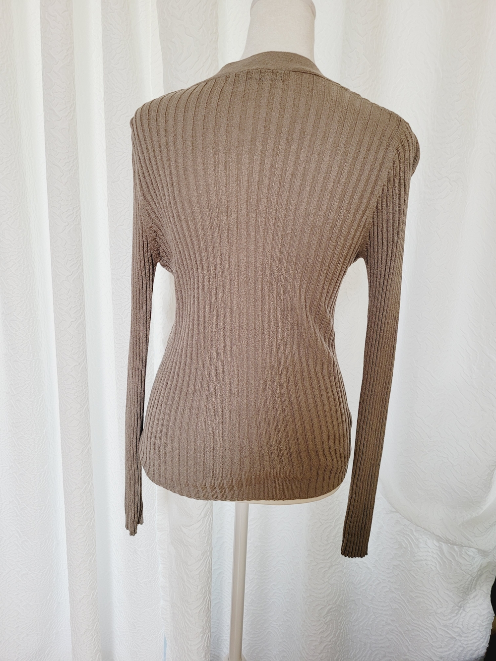 Express Ribbed Button-Up Cardigan in Taupe - Picture 3 of 5